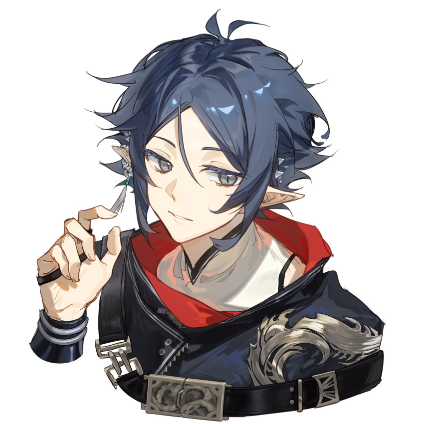 1boy, arknights, black_cape, cape, cropped_torso, grey_eyes, hair_between_eyes, hand_up