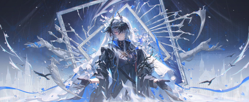 1boy, :|, antlers, arknights, black_gloves, black_jacket, black_shirt, black_wings