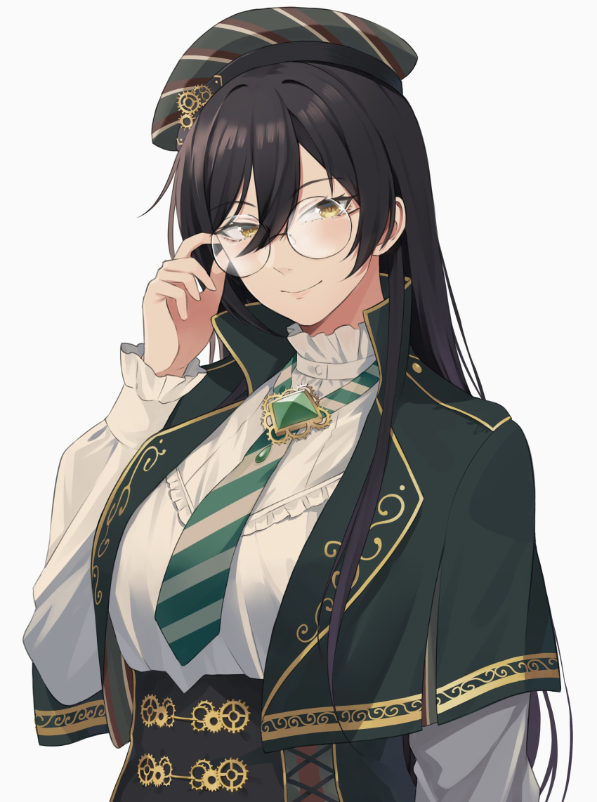 1girl, absurdres, adjusting_eyewear, beret, black_hair, corset, gears, glasses