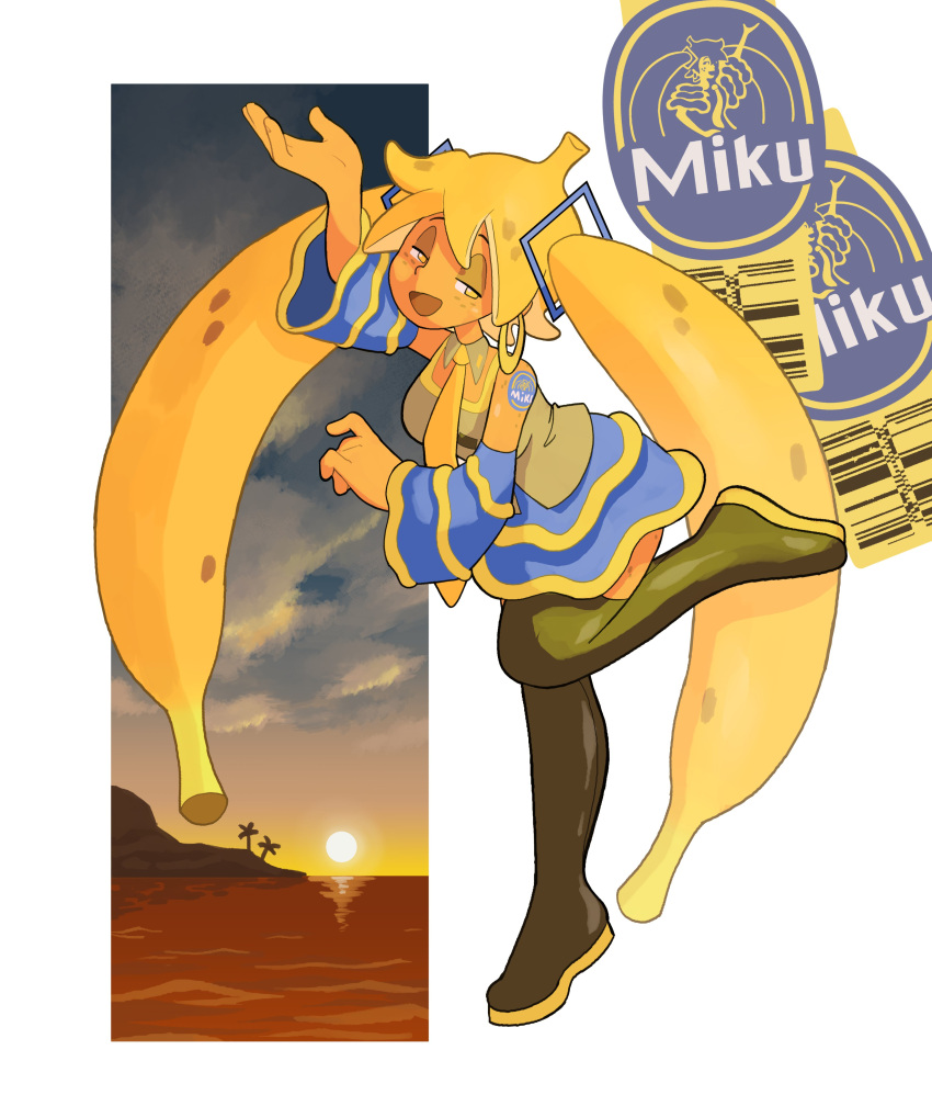 1girl, absurdres, banana, barcode, black_footwear, boots, detached_sleeves, eversmithi, food, food-themed_hair, fruit, grey_shirt, half-closed_eyes, hatsune_miku, highres, horizon, open_mouth, reflection, shirt, sleeveless, sleeveless_shirt, smile, solo, thigh_boots, tree, vocaloid