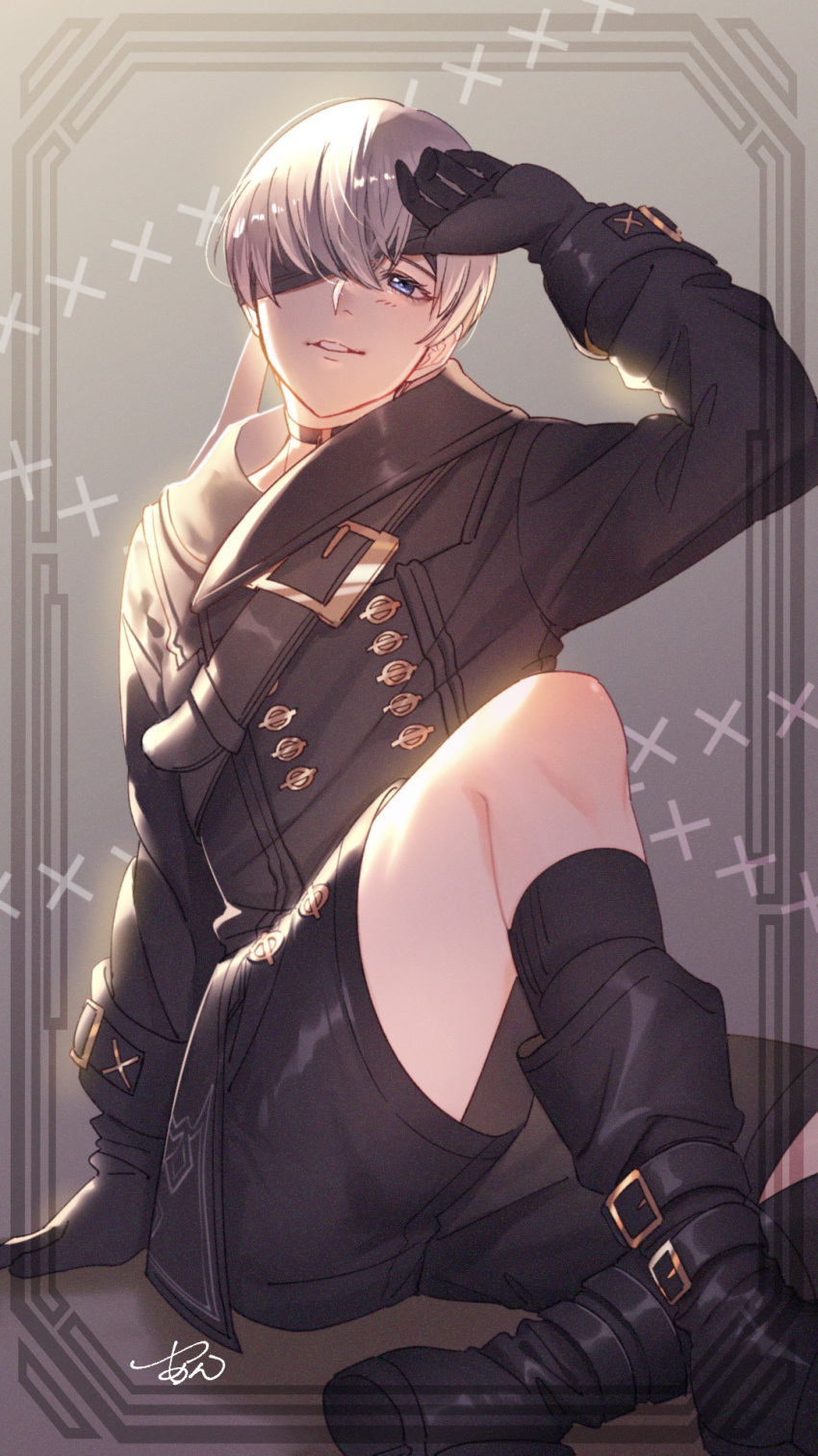 1boy, 9s_(nier:automata), black_blindfold, black_choker, black_footwear, black_gloves, black_jacket, black_shorts