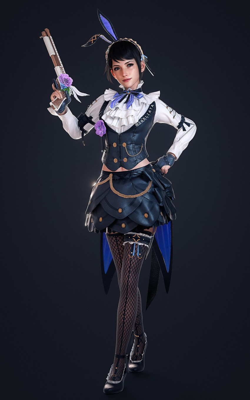 animal_ears, artist_name, black_corset, black_skirt, center_frills, commentary, corset, crop_top