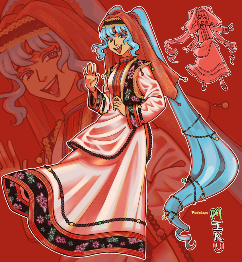 1girl, absurdly_long_hair, aqua_eyes, aqua_hair, dress, full_body, hand_up, hatsune_miku