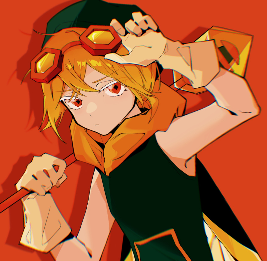 1boy, adjusting_eyewear, amber_sugar_cookie, arm_up, athei5t, black_hat, black_shirt, closed_mouth