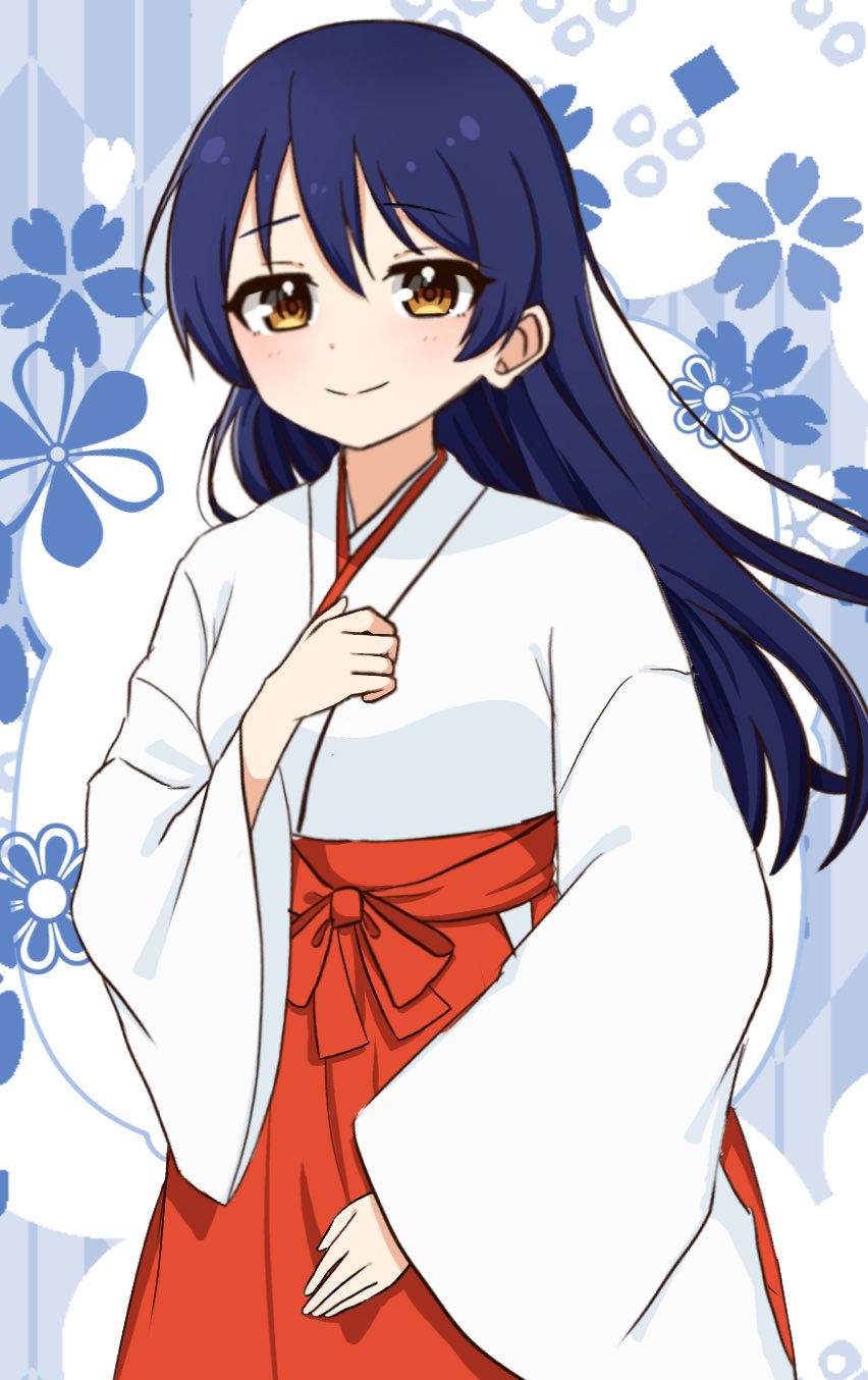 1girl, blue_hair, blush, closed_mouth, cowboy_shot, floral_background, hair_between_eyes, hakama