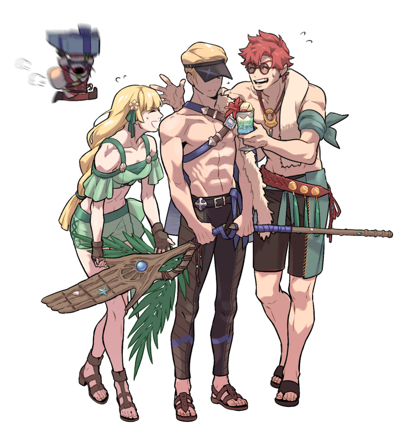 1girl, 3boys, ^_^, abs, areadbhar_(fire_emblem), armband, bare_shoulders, belt