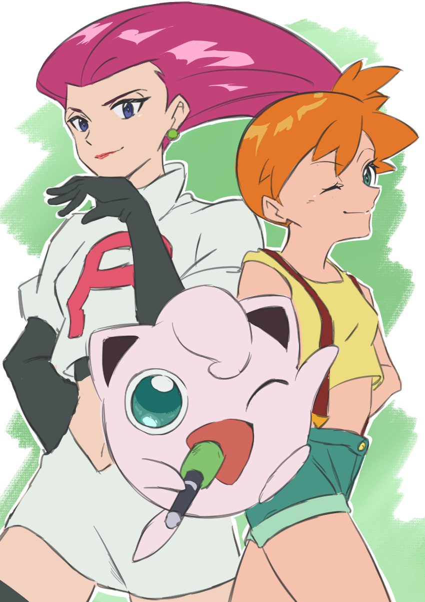 2girls, ;), ;d, blue_eyes, blue_shorts, closed_mouth, commentary, cropped_jacket