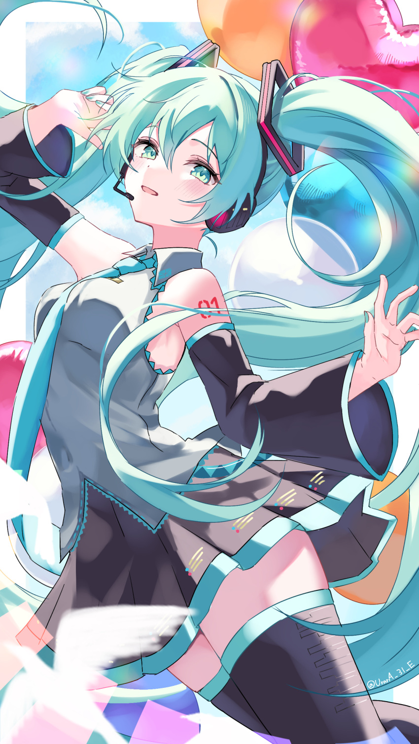 1girl, :d, absurdres, balloon, bare_shoulders, black_skirt, black_sleeves, black_thighhighs