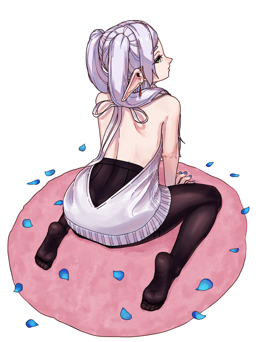 1girl, absurdres, all_fours, bare_back, bare_shoulders, black_pantyhose, blue_petals, elf, fingernails, frieren, from_above, from_behind, highres, long_hair, meme_attire, pantyhose, petals, pointy_ears, raid_(donghyeok), simple_background, solo, sousou_no_frieren, twintails, virgin_destroyer_sweater, virgin_killer_sweater, white_background, white_hair