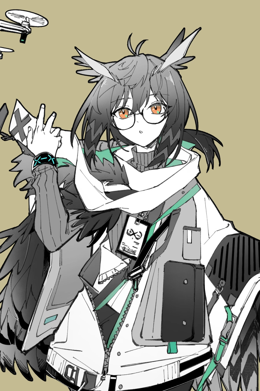 1girl, arknights, brown_background, chinese_commentary, commentary_request, cowboy_shot, fingernails, glasses, hair_between_eyes, hand_up, highres, infection_monitor_(arknights), jacket, lanyard, long_sleeves, looking_to_the_side, medium_hair, orange_eyes, parted_lips, partial_commentary, partially_colored, partially_unzipped, piaoliu_ping_ping_ping_pingzi, rhine_lab_logo, ribbed_sweater, round_eyewear, scarf, silence_(arknights), simple_background, solo, standing, strap, sweater, turtleneck, turtleneck_sweater, zipper