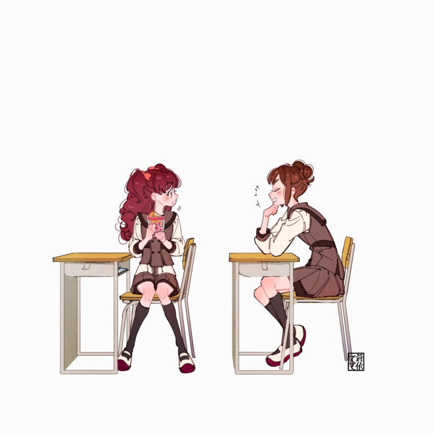 +++, 2girls, aoi_tete, artist_logo, black_socks, brown_hair, brown_sailor_collar, brown_shorts