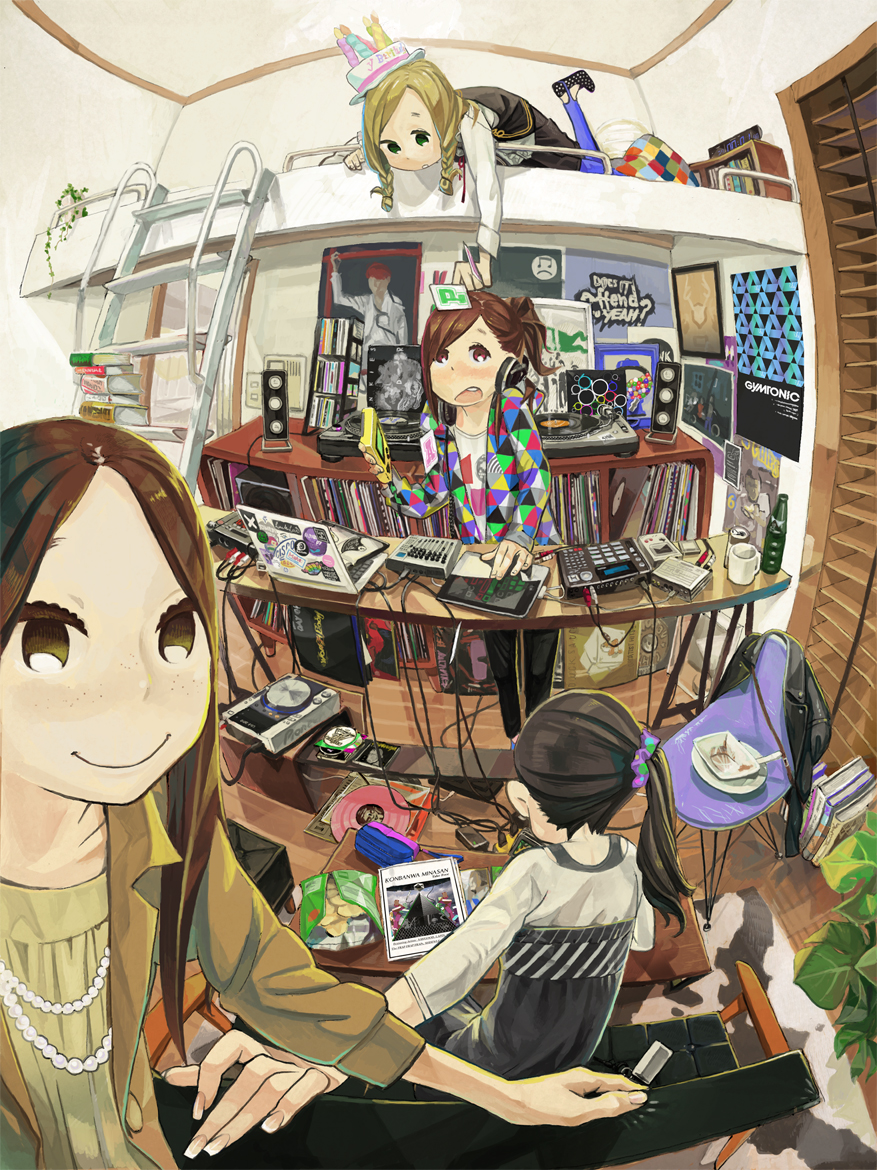 (stag), blonde_hair, brown_hair, computer, dj, freckles, game_boy, ipad