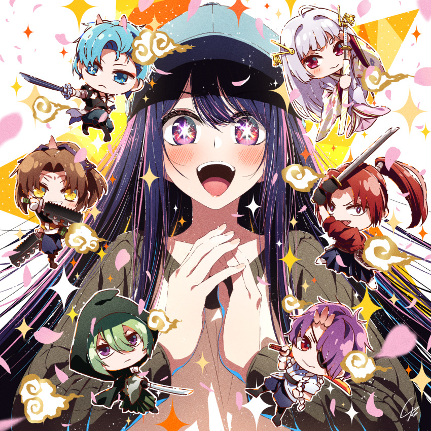 3girls, 4b-enpitsu, 4boys, arima_kana, baseball_cap, blade_(tokyo_blade), blue_eyes, blue_hair