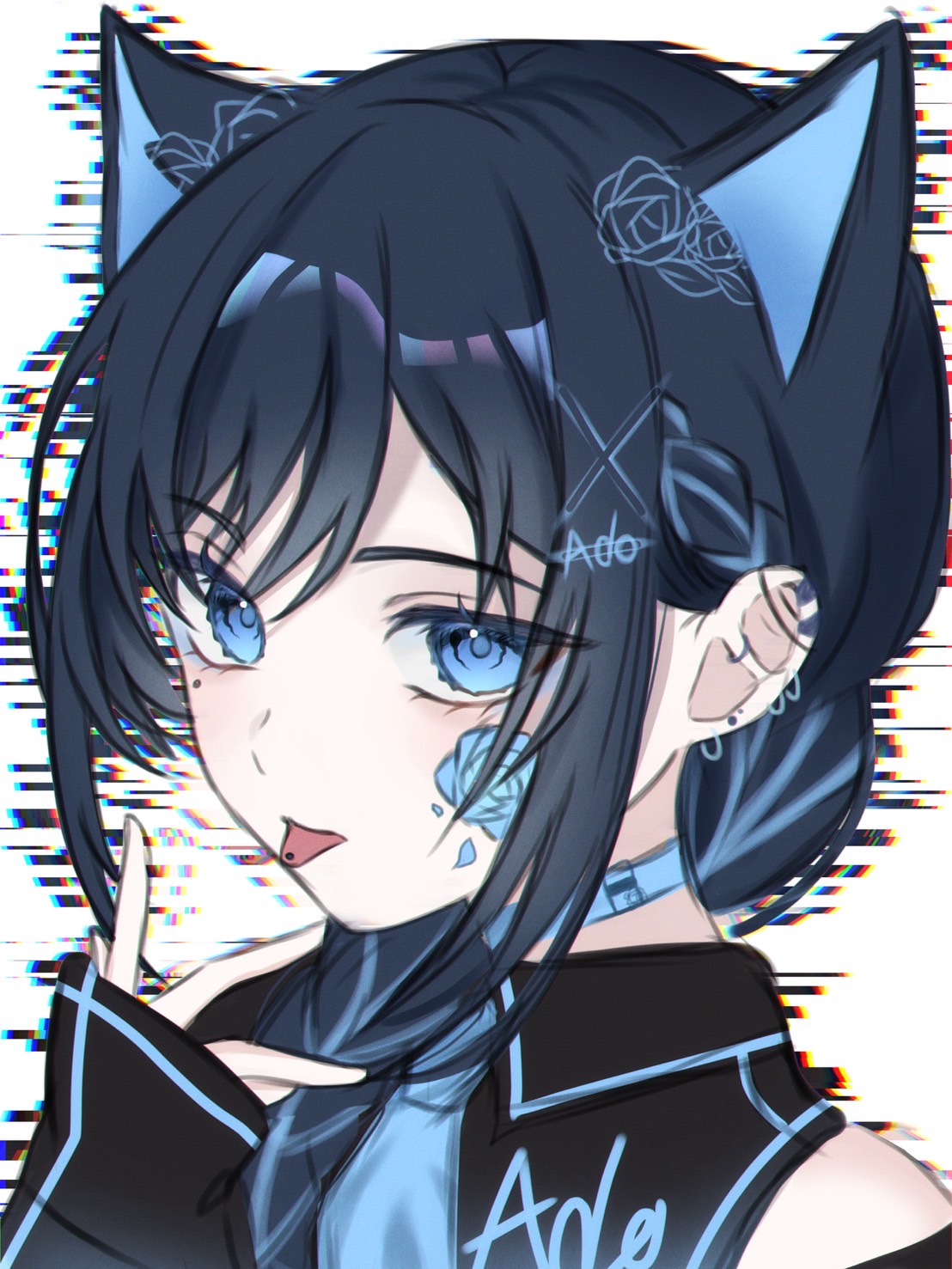 1girl, 89_701, ado_(utaite), alternate_hairstyle, animal_ears, black_shirt, blue_cape, blue_eyes
