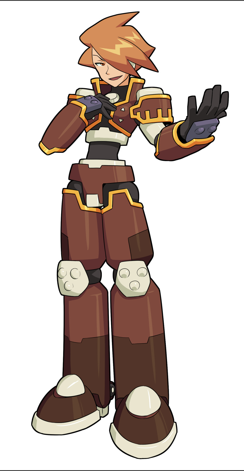 1boy, :d, absurdres, android, black_gloves, brown_hair, commentary_request, full_body, gloves, glyde_(mega_man), hair_over_one_eye, hands_up, highres, male_focus, mega_man_(series), mega_man_legends_(series), muu_(mumumer), red_eyes, simple_background, smile, solo, standing, white_background