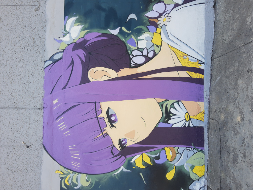 1girl, absurdres, bad_source, blunt_bangs, bright_pupils, building, dress, ekns01