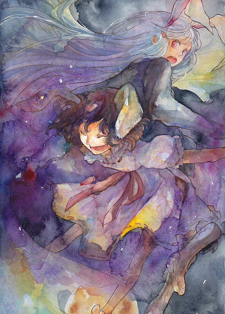 bad_id, barefoot, brown_hair, bunny_ears, campanula-star, carrot, closed_eyes, dress
