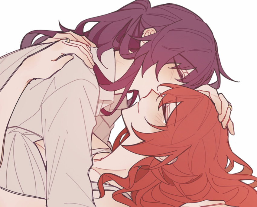 2girls, closed_eyes, closed_mouth, collared_shirt, hand_on_another's_head, himeko_(honkai:_star_rail), honkai:_star_rail, honkai_(series)