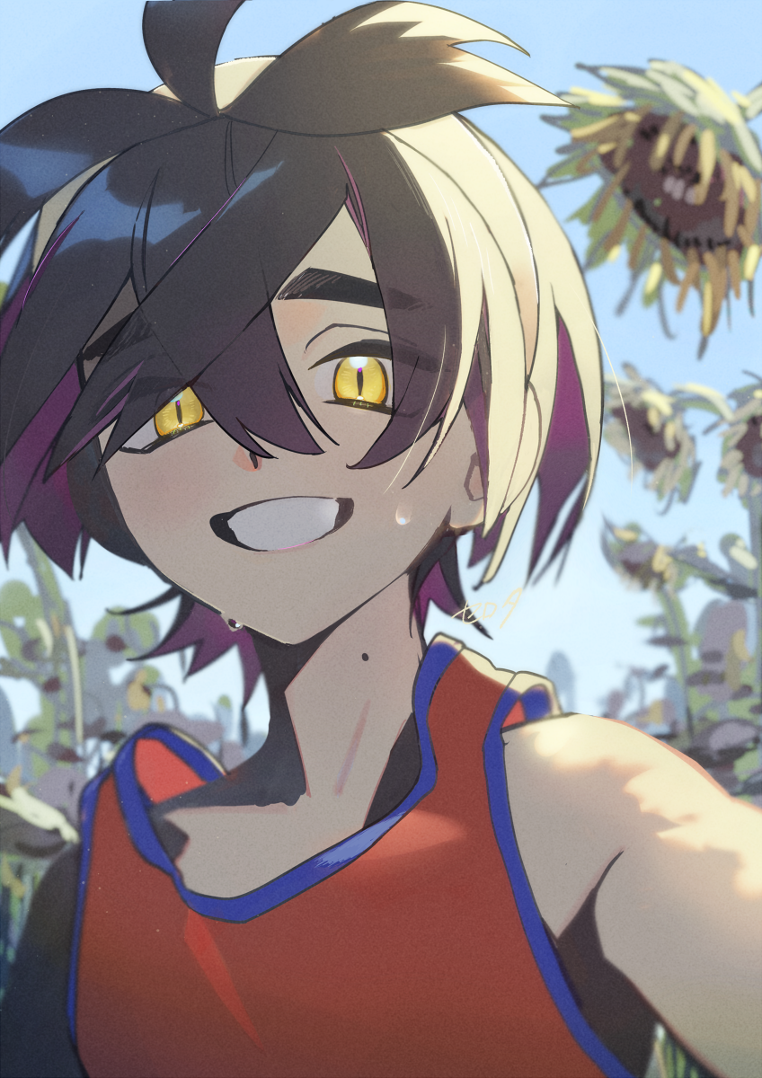 1boy, black_hair, commentary_request, day, flower, grin, hair_between_eyes, highres