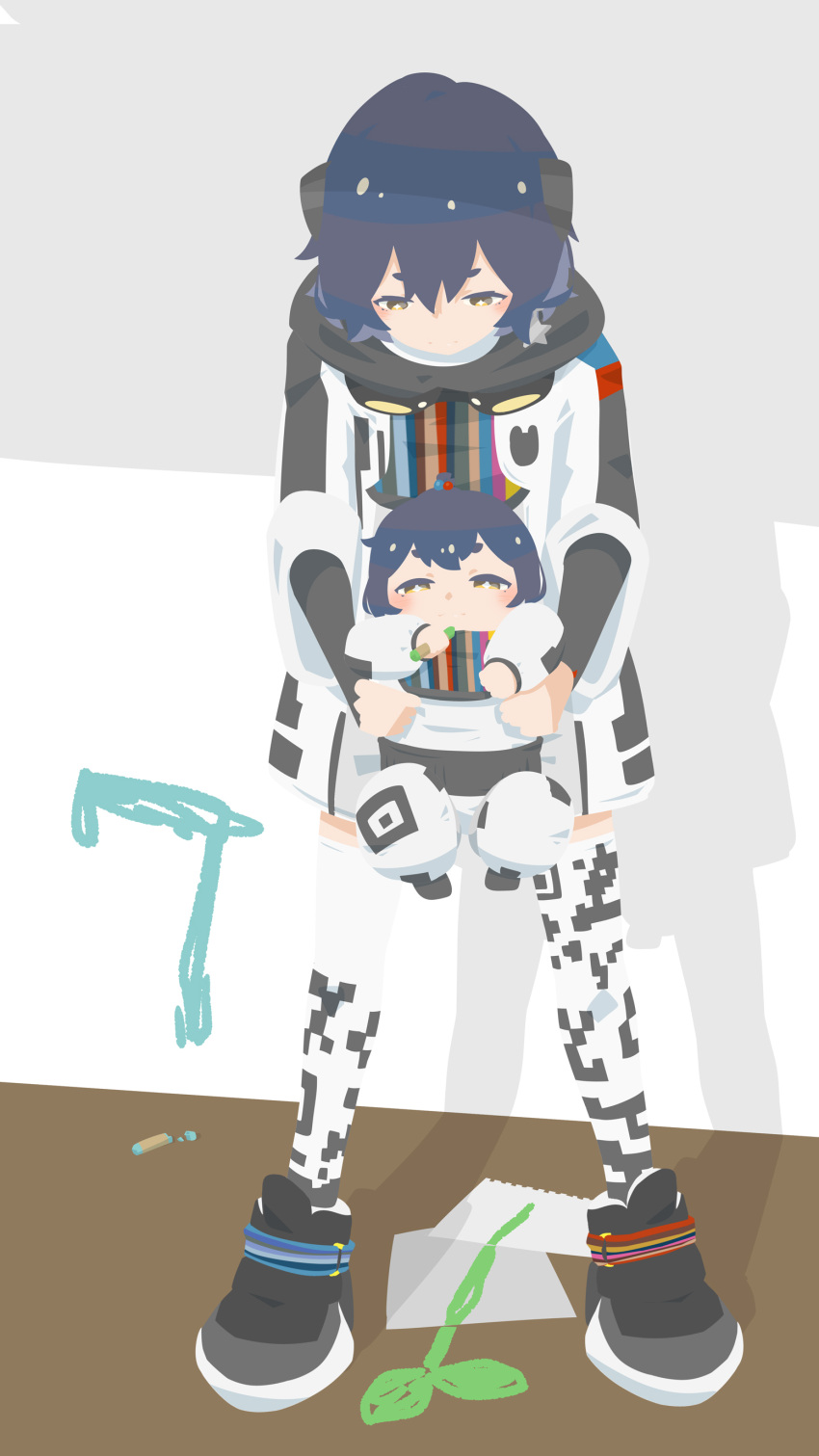 2girls, absurdres, baby, black_footwear, black_hair, black_shirt, black_thighhighs, boots