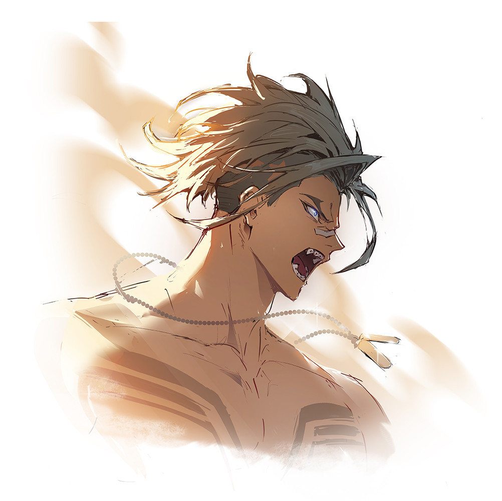 1boy, ascytheux, bandaid, bandaid_on_face, bandaid_on_nose, bare_shoulders, blonde_hair, blue_eyes