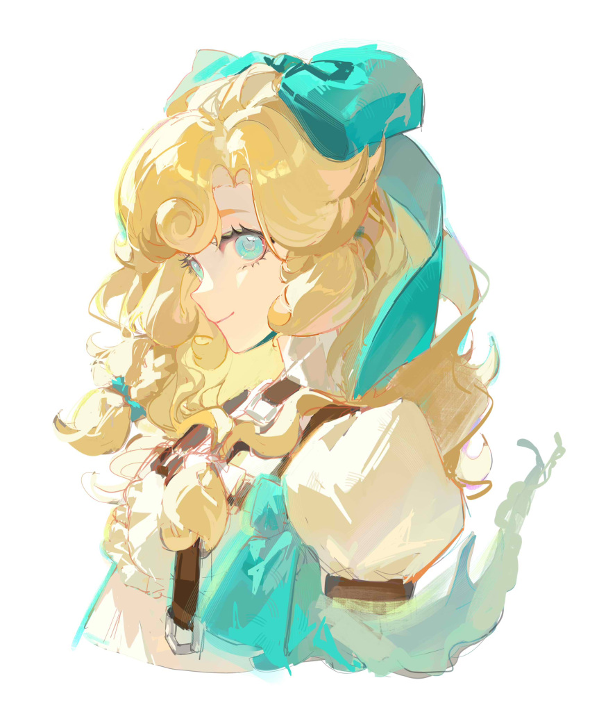 1girl, absurdres, aqua_bow, aqua_eyes, blonde_hair, bow, curly_hair, dress