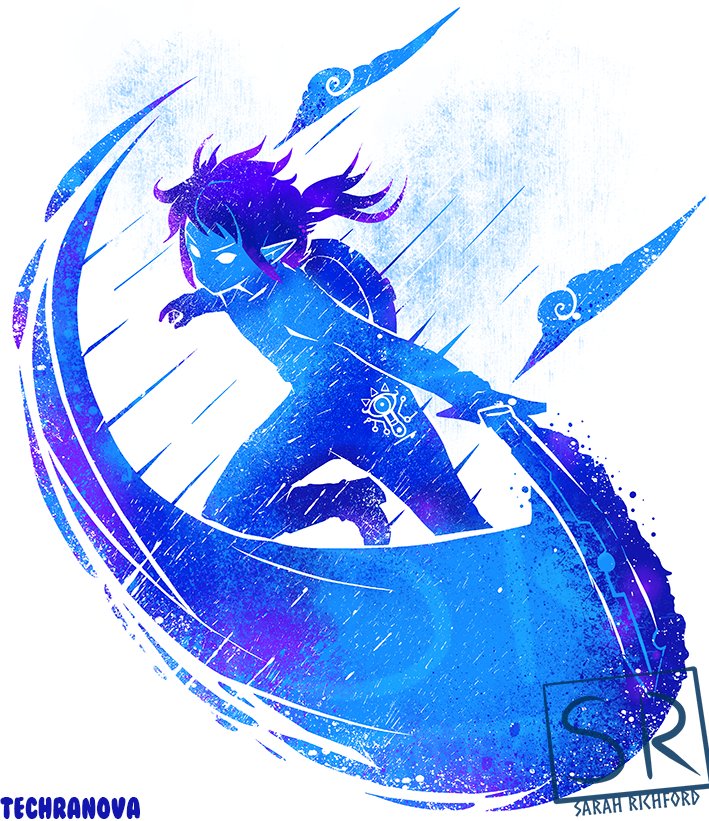 1boy, artist_logo, artist_name, commentary, english_commentary, glowing, glowing_eyes, holding, holding_sword, holding_weapon, link, pointy_ears, ponytail, sarah_richford, shield, silhouette, solo, sword, the_legend_of_zelda, the_legend_of_zelda:_breath_of_the_wild, weapon, xiangyun