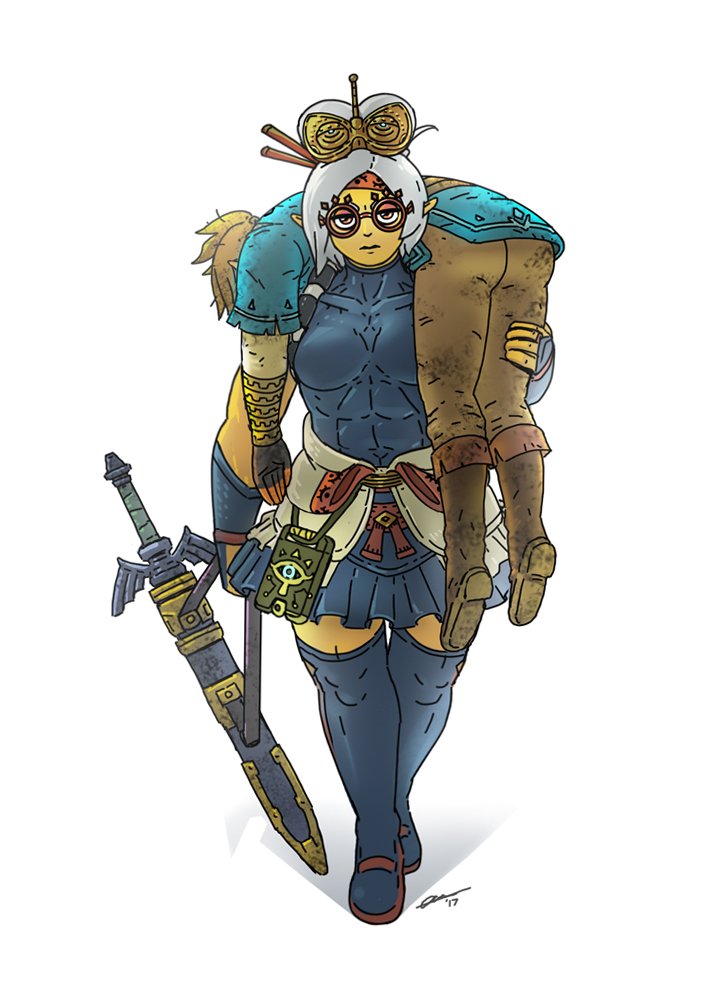 1boy, 1girl, alpha_gamboa, armor, blue_footwear, blue_gloves, blue_shirt, blue_skirt