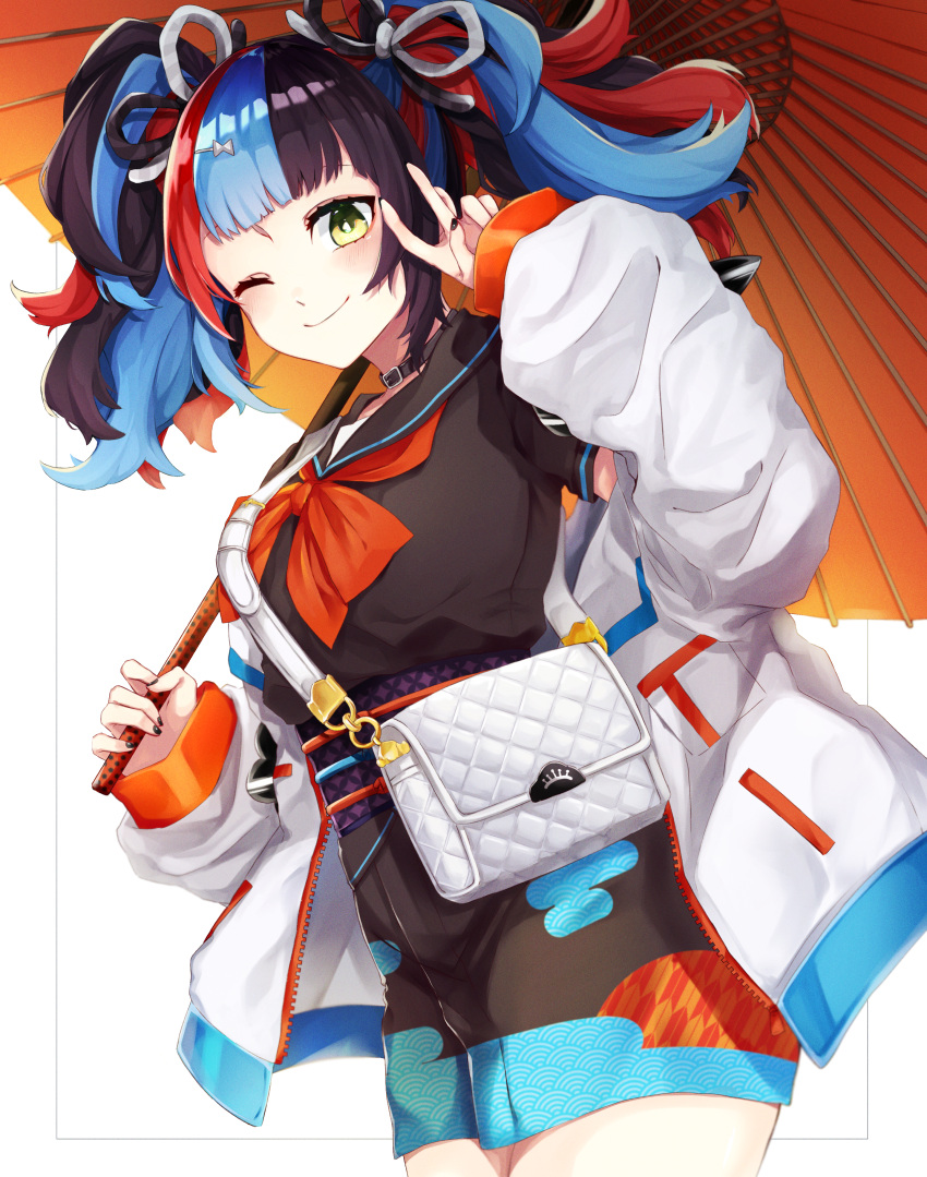 1girl, ;), absurdres, arm_up, bag, belt_collar, black_collar, black_hair, black_nails, black_sailor_collar, black_serafuku, black_shirt, blue_hair, border, bow, breasts, collar, commentary_request, cowboy_shot, egasumi, fate/grand_order, fate_(series), highres, holding, holding_umbrella, jacket, kuzuki39, long_hair, long_sleeves, looking_at_viewer, multicolored_hair, off_shoulder, oil-paper_umbrella, one_eye_closed, open_clothes, open_jacket, outside_border, red_bow, red_umbrella, redhead, sailor_collar, school_uniform, sei_shounagon_(fate), sei_shounagon_(first_ascension)_(fate), seigaiha, serafuku, shirt, short_sleeves, shoulder_bag, simple_background, smile, solo, twintails, umbrella, v, white_background, white_bag, white_border, white_jacket, yagasuri, yellow_eyes