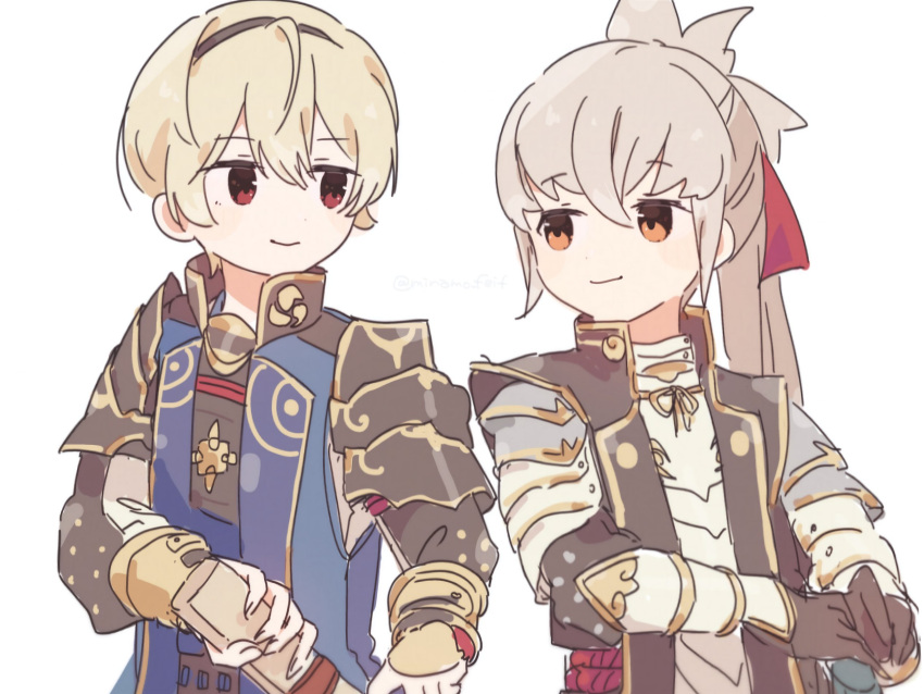 2boys, alternate_costume, armor, blonde_hair, fire_emblem, fire_emblem_fates, grey_hair, hair_ribbon