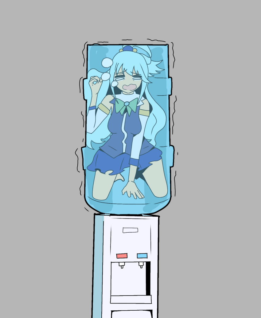 1girl, air_bubble, aqua_(konosuba), asphyxiation, blue_hair, blue_shirt, blue_skirt, bow