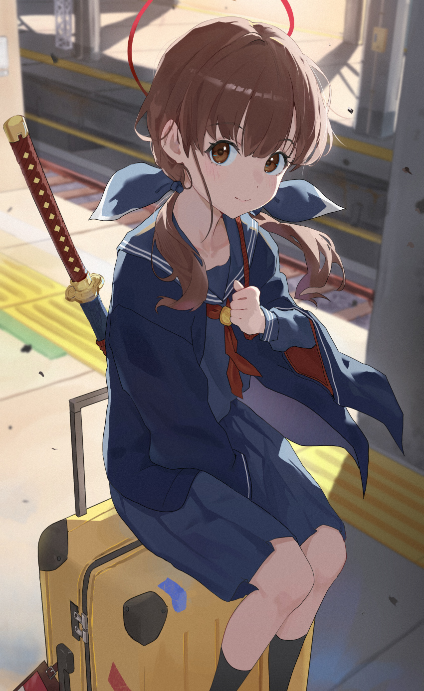 1girl, absurdres, arm_between_legs, black_socks, blue_bow, blue_sailor_collar, blue_serafuku, blue_shirt