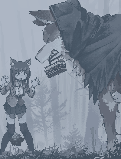 1girl, animal, animal_ears, animal_in_clothes, big_bad_wolf, blazer, blue_theme, dithering