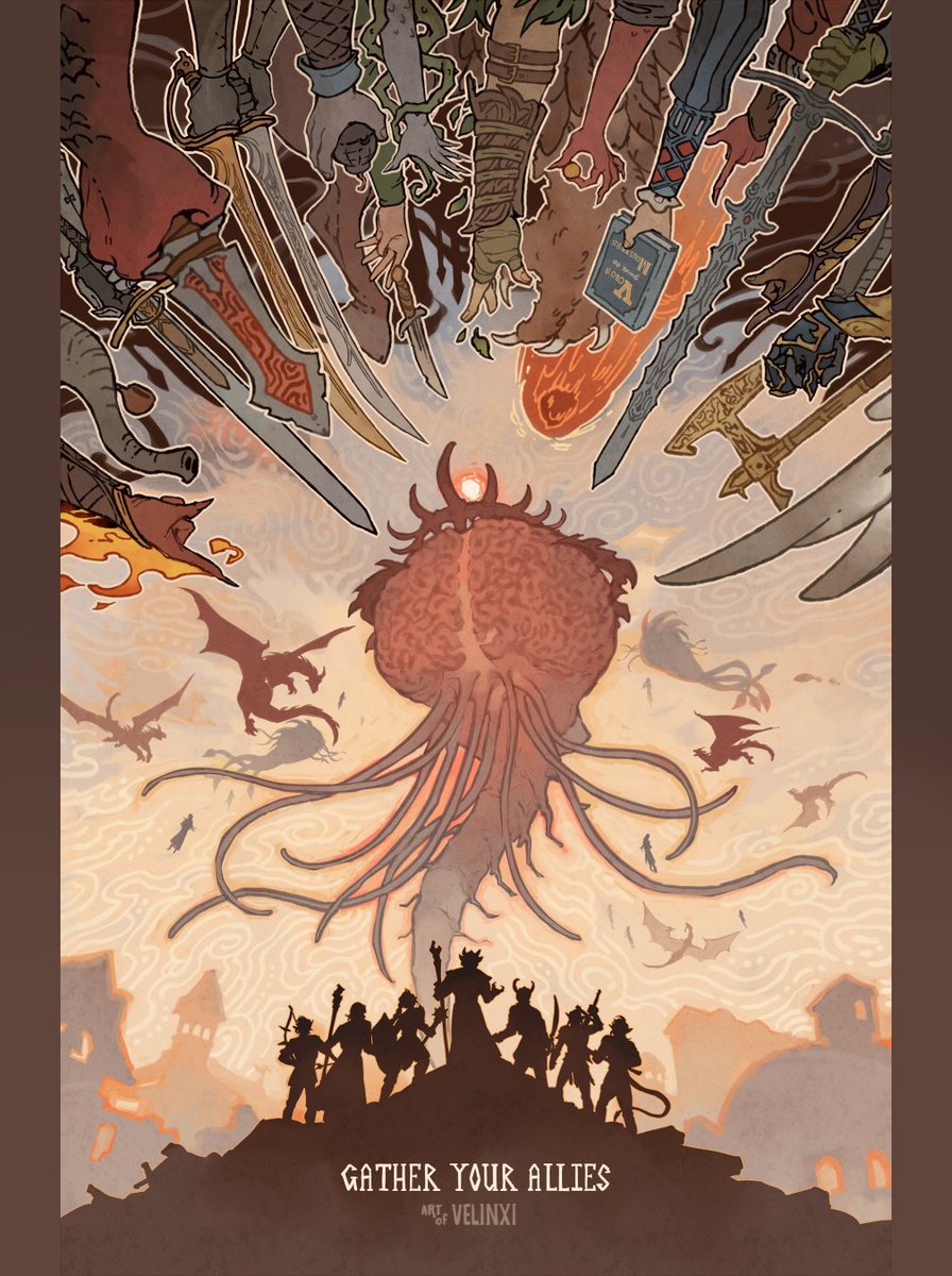 absolutely_everyone, arabella_(baldur's_gate), artist_name, astarion, baldur's_gate, baldur's_gate_3, barcus_wroot, book, brain, commentary, dagger, dame_aylin, dragon, dungeons_&amp;_dragons, english_commentary, english_text, everyone, fire, gale_(baldur's_gate), halberd, halsin, highres, holding, holding_book, holding_sword, holding_weapon, isobel_(baldur's_gate), jaheira, karlach, knife, lae'zel, meteor, mol_(baldur's_gate), monster, nine-fingers_keene, out_of_frame, outstretched_arm, owlbear, pointing, polearm, raphael_(baldur's_gate), rolan_(baldur's_gate), shadowheart_(baldur's_gate), silhouette, strange_ox_(baldur's_gate), sword, the_dark_urge_(baldur's_gate), velinxi, volothamp_geddarm, weapon, wyll_(baldur's_gate), yurgir