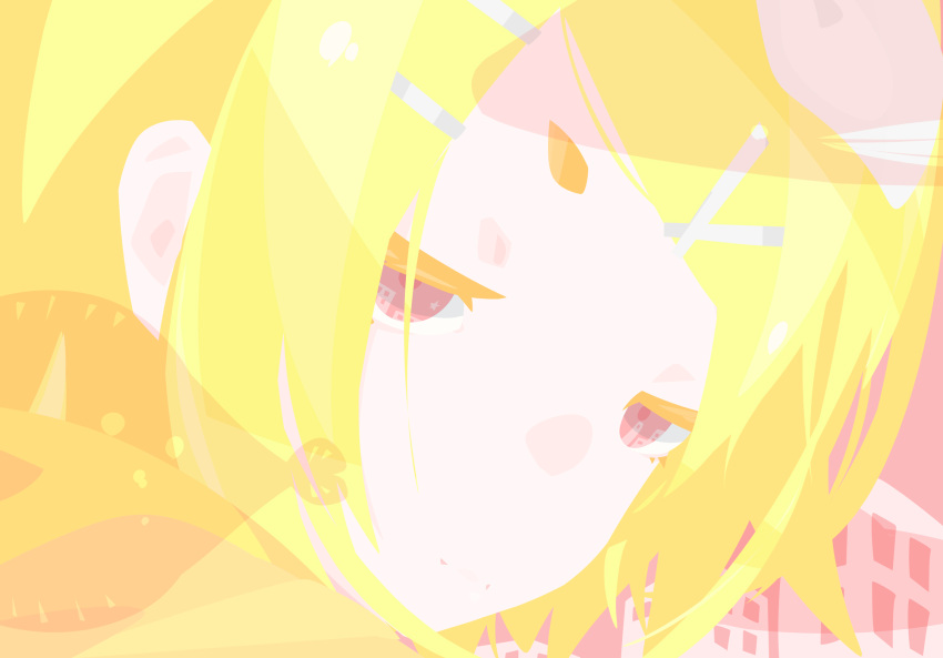 1girl, alternate_eye_color, blonde_hair, close-up, closed_mouth, commentary_request, expressionless, hair_ornament, hairclip, half-closed_eyes, hara_id_21, highres, kagamine_rin, looking_at_viewer, medium_bangs, no_lineart, pink_background, pink_eyes, short_hair, solo, swept_bangs, vocaloid