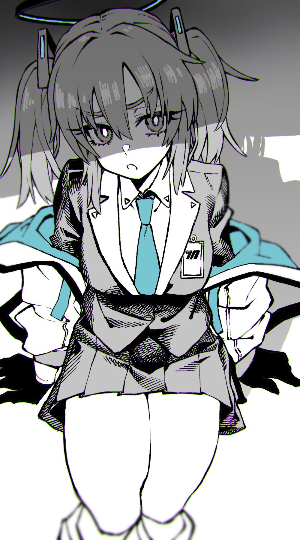 1girl, blazer, blue_archive, blue_necktie, collared_shirt, commentary, empty_eyes, frown