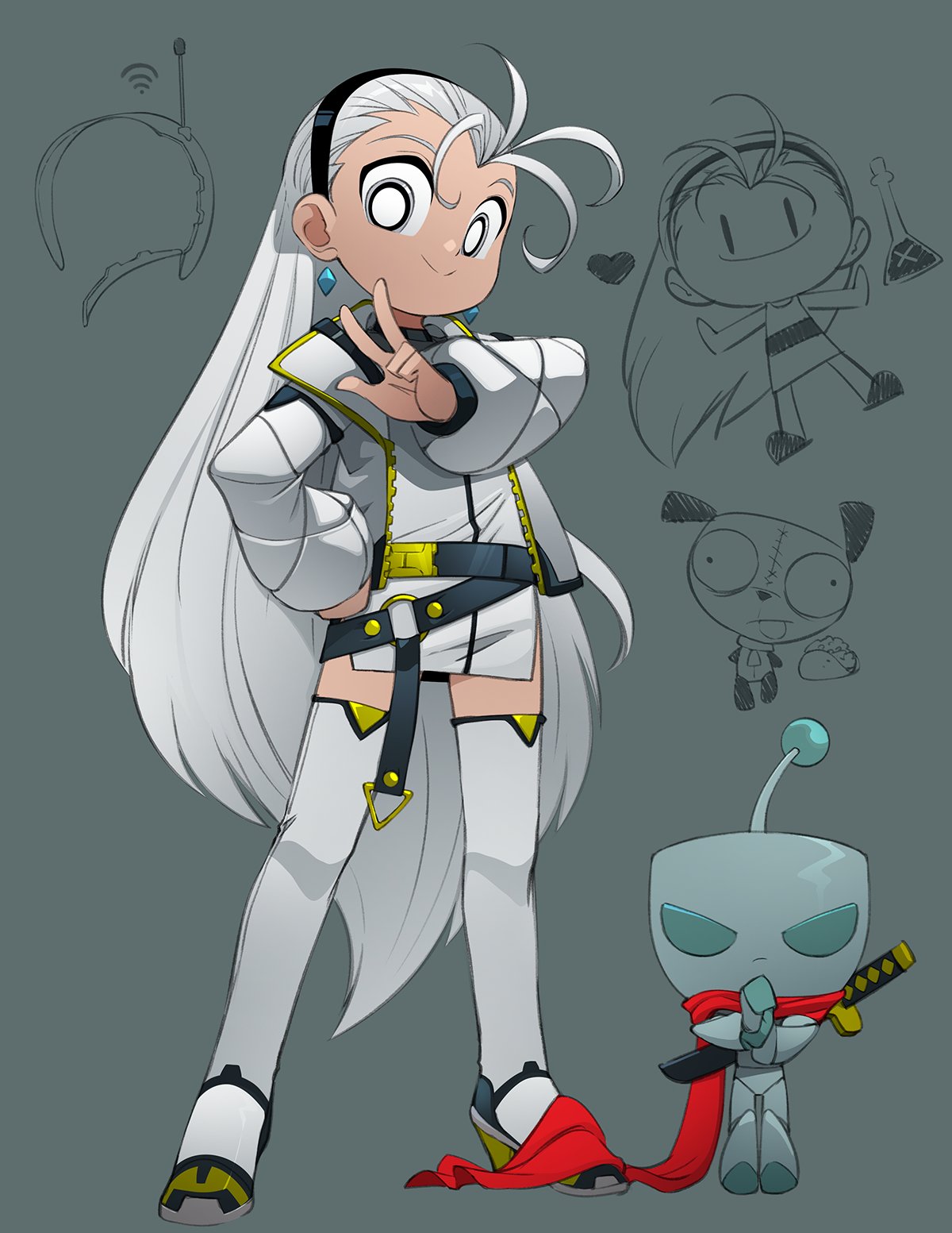 1boy, 1girl, bell_(ppgd), black_hairband, bleedman, boots, cape, closed_mouth, dress, full_body, gir_(invader_zim), grey_background, grey_eyes, grey_hair, hairband, highres, invader_zim, jacket, long_hair, long_sleeves, multiple_views, original, powerpuff_girls, red_cape, robot, smile, sword, thigh_boots, very_long_hair, weapon, white_dress, white_jacket