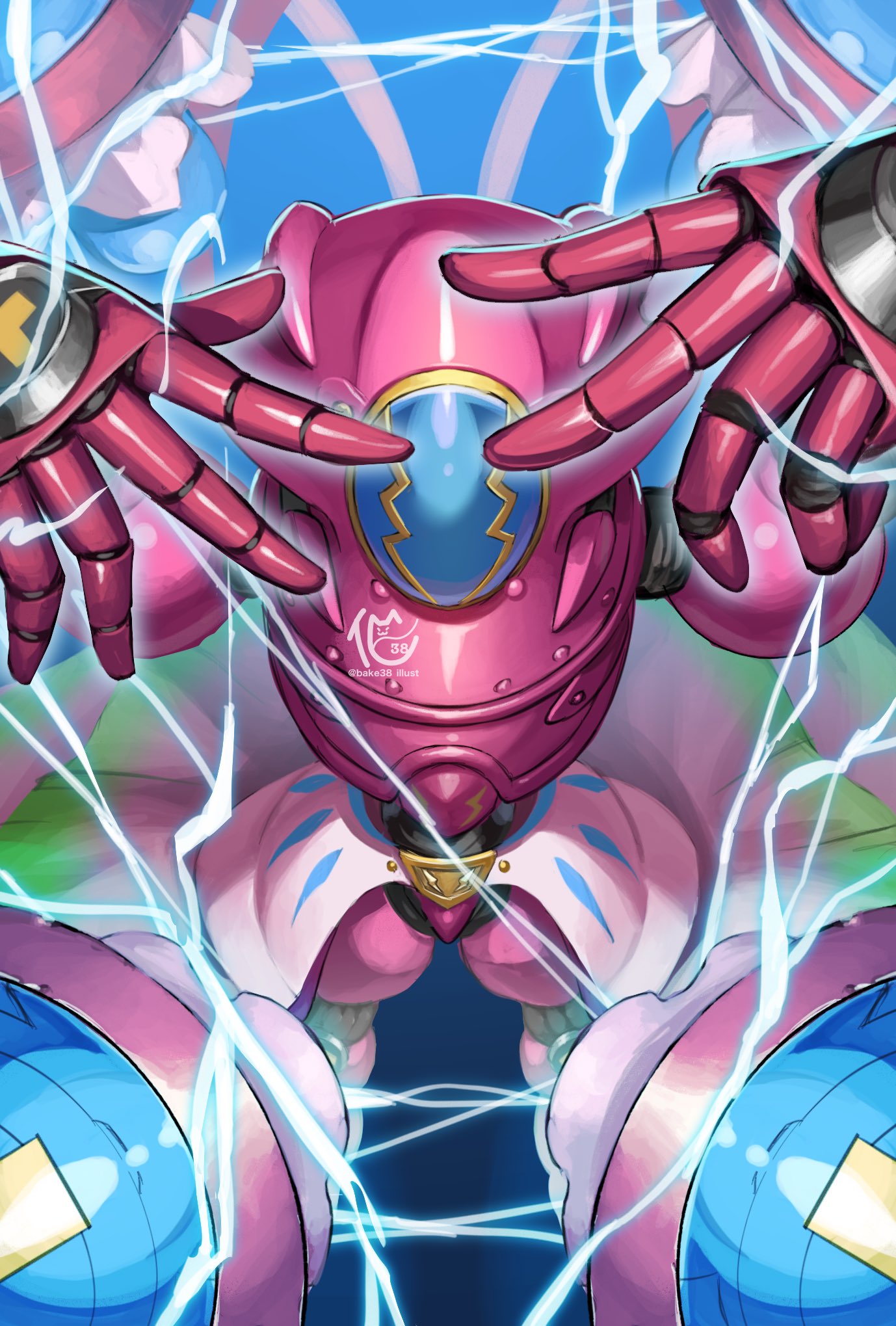 1girl, amphimon, armor, bakeneko38, blue_background, cowboy_shot, digimon, digimon_(creature)