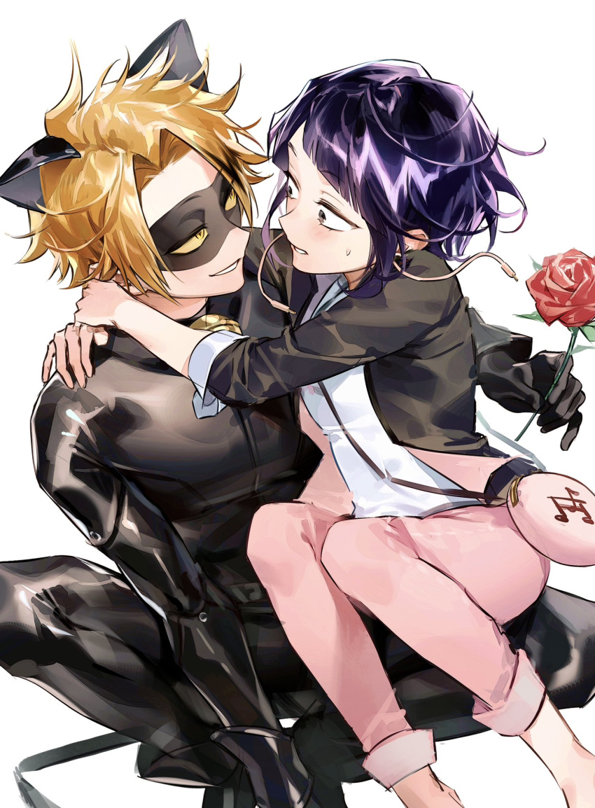 1boy, 1girl, animal_ears, audio_jack, bag, bell, black_bodysuit, black_jacket, black_mask, blonde_hair, bodysuit, boku_no_hero_academia, cat_ears, chat_noir, chat_noir_(cosplay), cosplay, domino_mask, eye_contact, feet_out_of_frame, flower, herovvvzzz, highres, holding, holding_flower, hug, jacket, jirou_kyouka, kaminari_denki, long_earlobes, looking_at_another, mask, miraculous_ladybug, open_clothes, open_jacket, pants, purple_hair, shoulder_bag, smile