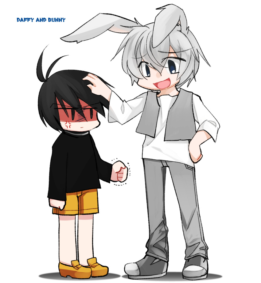2boys, anger_vein, angry, animal_ears, black_eyes, black_hair, black_shirt, bugs_bunny, clenched_hand, daffy_duck, grey_footwear, grey_pants, grey_vest, hair_between_eyes, hand_on_another's_head, height_difference, highres, humanization, imotaco_nankin, looney_tunes, male_focus, multiple_boys, open_mouth, pants, rabbit_boy, rabbit_ears, shaded_face, shirt, short_hair, shorts, trembling, vest, white_shirt, yellow_footwear, yellow_shorts