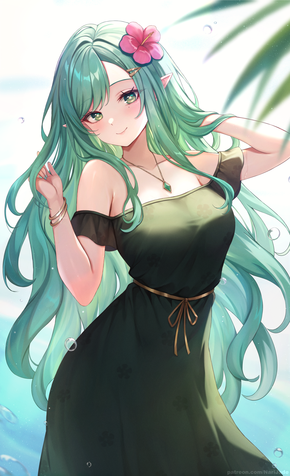 1girl, bare_shoulders, bracelet, collarbone, dress, english_commentary, floral_print, flower