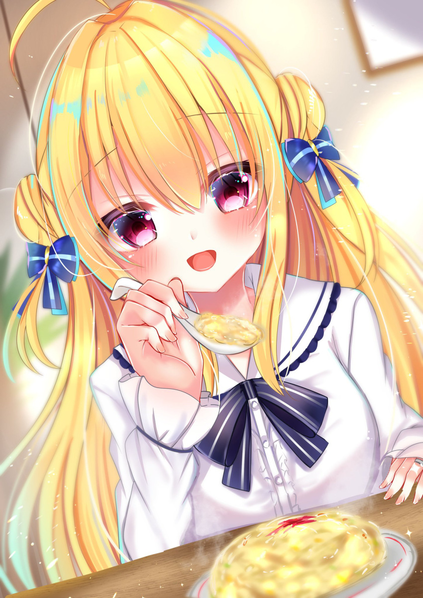 1girl, :d, ahoge, black_bow, blonde_hair, blue_bow, blurry, blurry_background