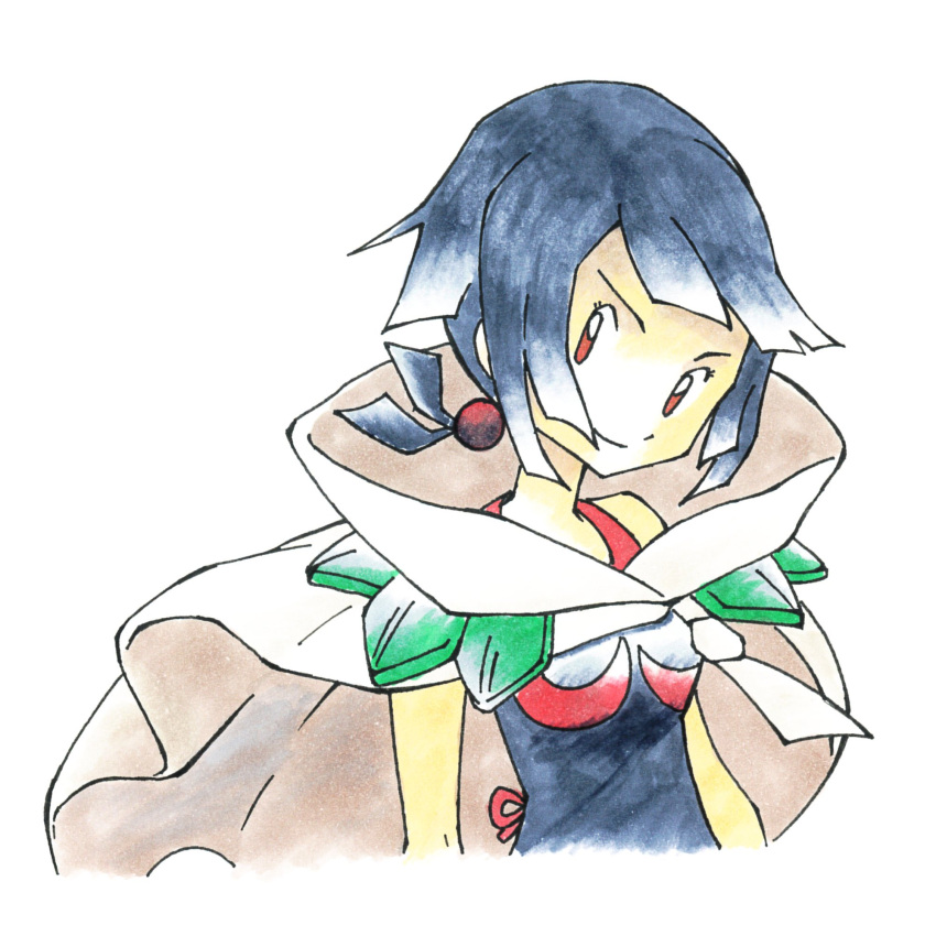 1990s_(style), 1girl, black_hair, black_tank_top, cloak, cropped_arms, cropped_torso, dora_mentaiko, hair_bobbles, hair_ornament, highres, looking_at_viewer, parody, pokemon, pokemon_gsc_(style), pokemon_oras, pokemon_rgby_(style), red_eyes, retro_artstyle, short_hair, short_ponytail, shoulder_pads, smile, style_parody, sugimori_ken_(style), tank_top, white_cloak, zinnia_(pokemon)
