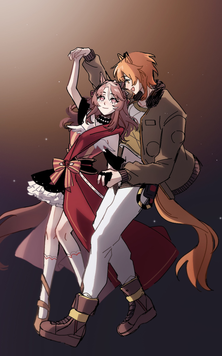 1boy, 1girl, animal_ears, bomber_jacket, boots, brown_background, brown_hair, collarbone