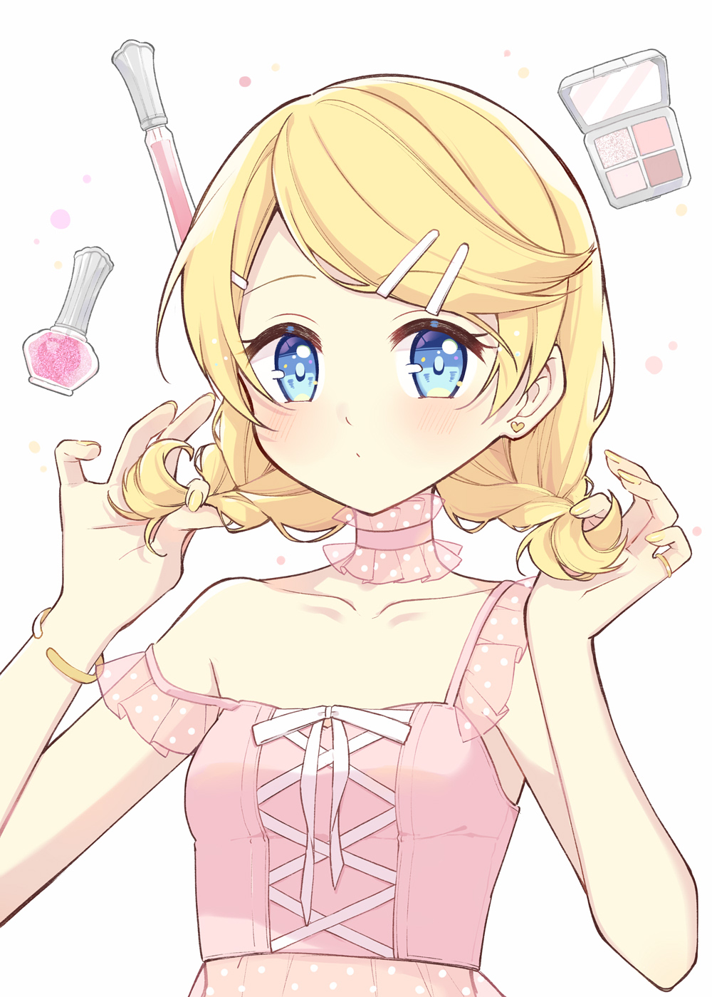 1girl, aqua_eyes, bare_shoulders, blonde_hair, blush, choker, earrings, hair_lift, hair_ornament, hairclip, hands_in_hair, hazuki_natsu, highres, holding, holding_own_hair, jewelry, kagamine_rin, lipstick, looking_at_viewer, makeup, nail_polish, pink_choker, pink_corset, ring, short_braid, short_hair, short_twintails, solo, twintails, vocaloid, yellow_nails