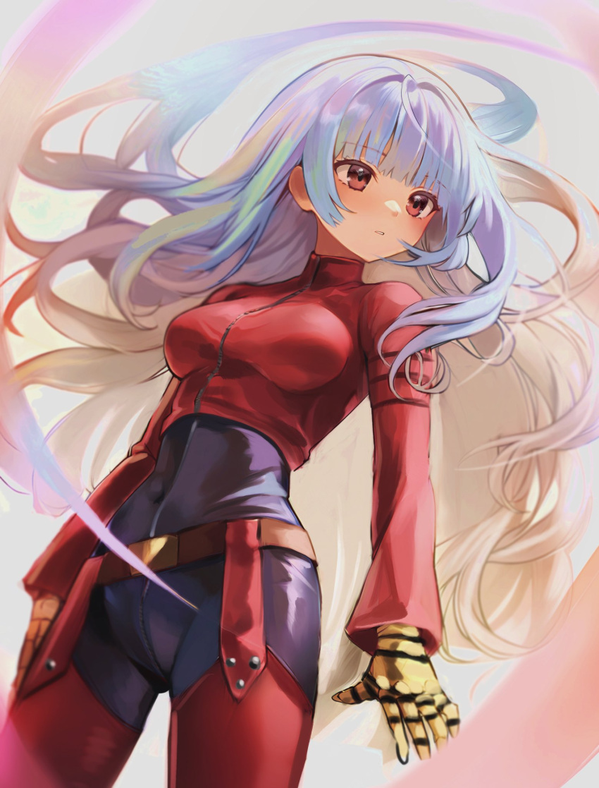 1girl, belt, billseonnyang, blue_hair, bodysuit, breasts, cowboy_shot, gloves