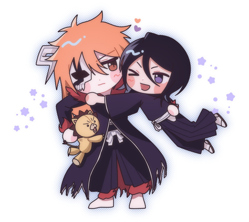 >_<, 1boy, 1girl, ;d, black_hair, black_hakama, black_kimono, bleach