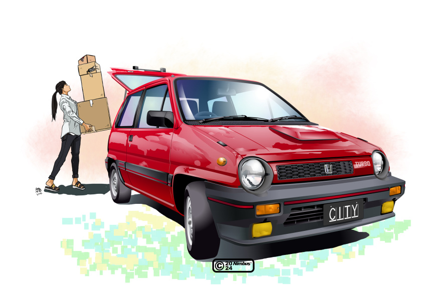 1girl, box, box_stack, car, highres, holding, holding_box, honda