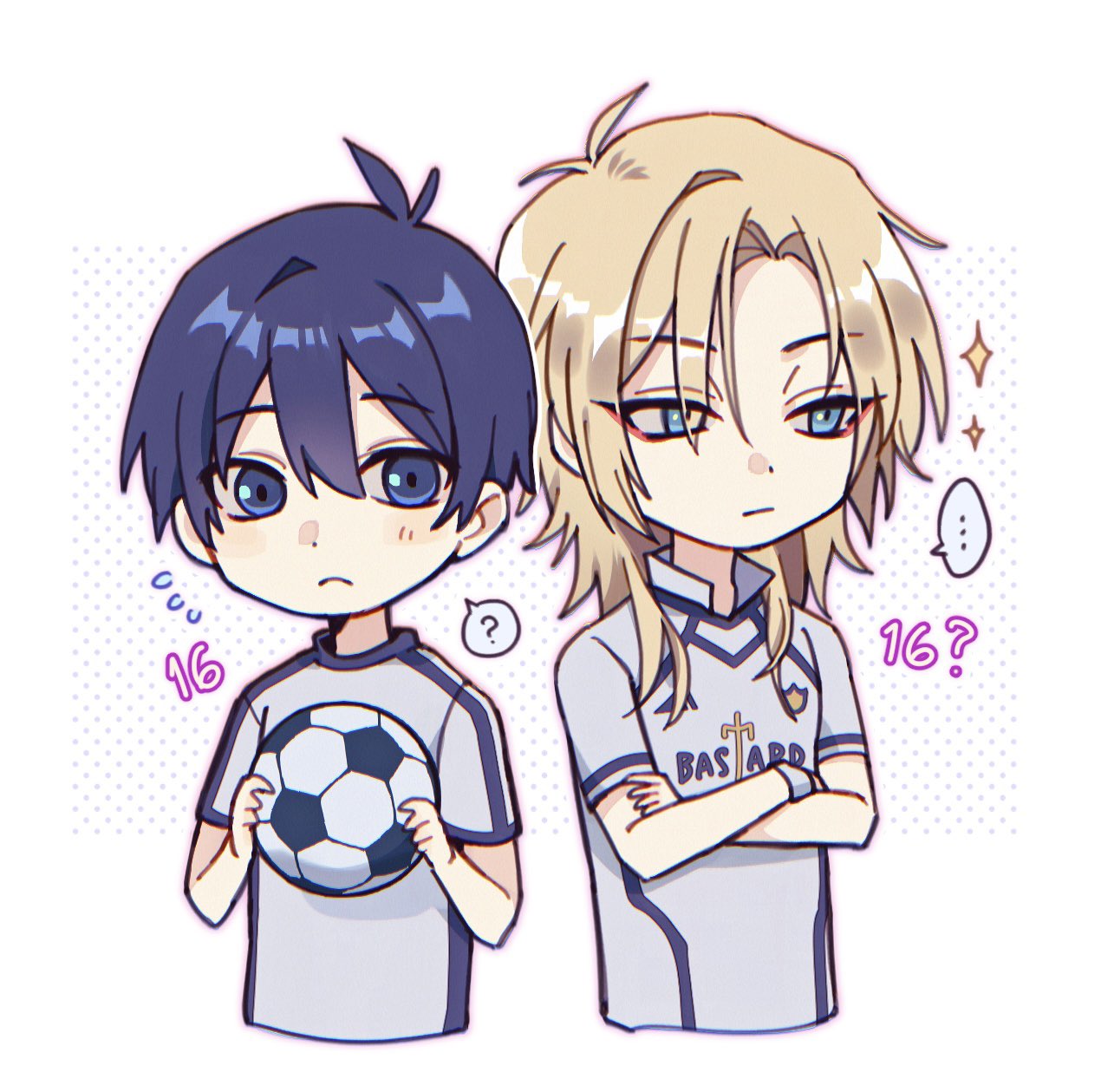 ..., 2boys, :c, ?, ahoge, ball, blonde_hair, blue_eyes, blue_hair, blue_lock, character_age, character_request, chibi, chibi_only, closed_mouth, cropped_torso, crossed_arms, expressionless, hair_between_eyes, highres, holding, holding_ball, isagi_yoichi, keksimuru, male_focus, medium_hair, multiple_boys, shirt, short_hair, short_sleeves, soccer, soccer_ball, soccer_uniform, sparkle, spoken_ellipsis, spoken_question_mark, sportswear, sweatdrop, upper_body