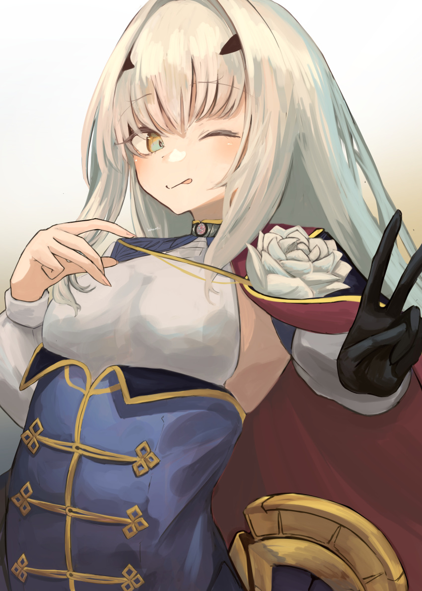 1girl, ;p, absurdres, black_gloves, blue_dress, breasts, cape, commentary_request